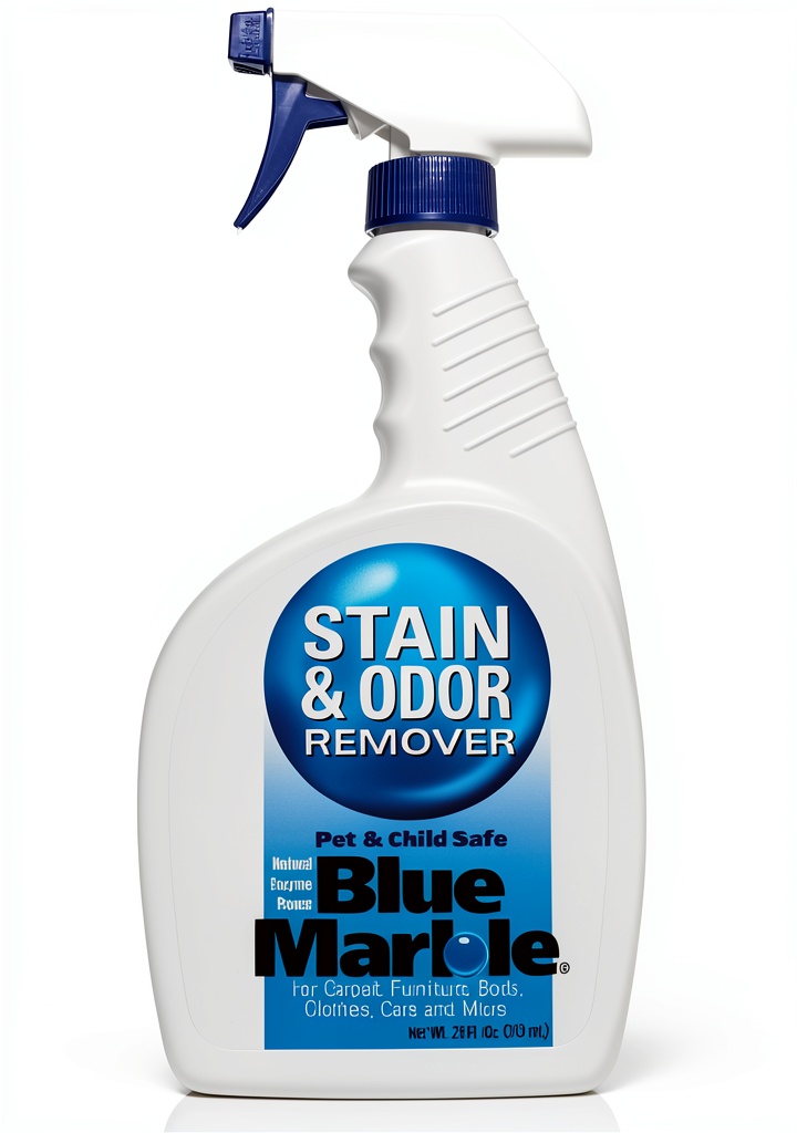 Real-life application of Blue Marble Enzyme Cleaner on a carpeted hallway with a golden retriever nearby