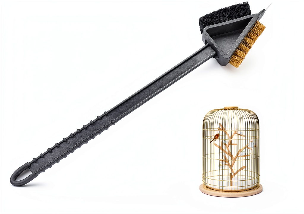 Using QBLEEV Bird Cage Cleaning Brush Stainless Steel Handle on a parrot cage