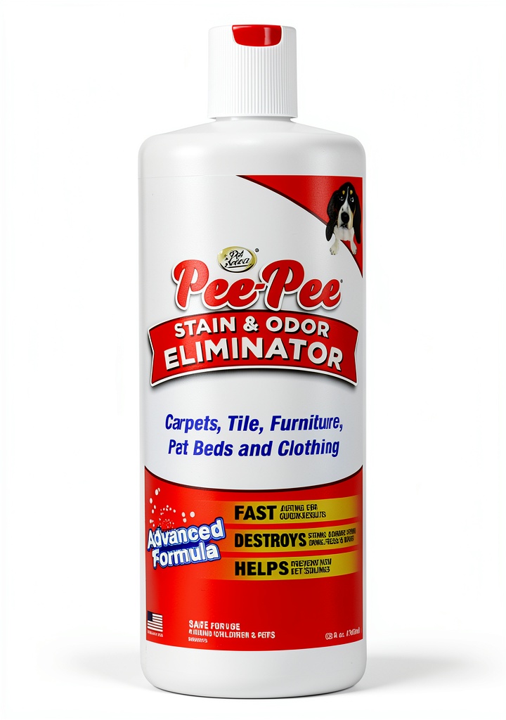 Pet Select Bio-Enzyme Stain Remover bottle on a carpet with before and after stain removal