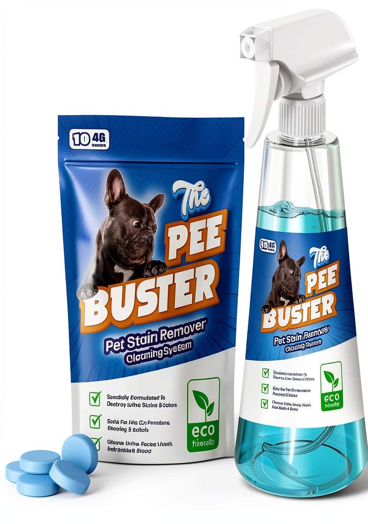Peebuster pet stain remover bottle and tablets on a carpet