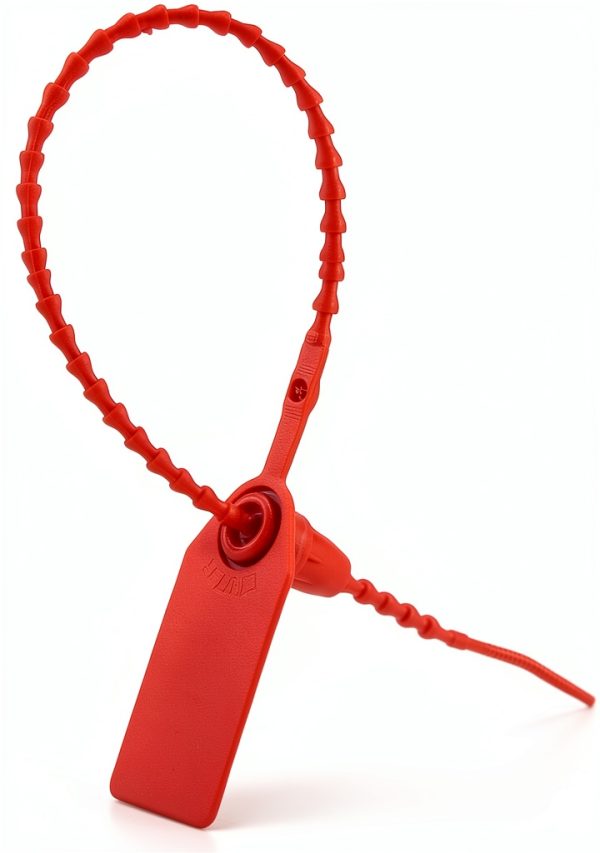 QWORK Plastic Tamper Seals, 100Pcs Tamper Self-Locking Security Zip Tie, Security Tag for Fire Extinguishers and Fire Safety, 9-13/16" Long, Red-0