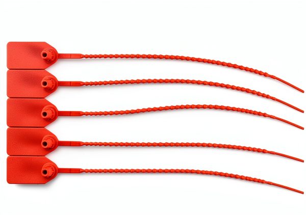 QWORK Plastic Tamper Seals, 100Pcs Tamper Self-Locking Security Zip Tie, Security Tag for Fire Extinguishers and Fire Safety, 9-13/16" Long, Red-1